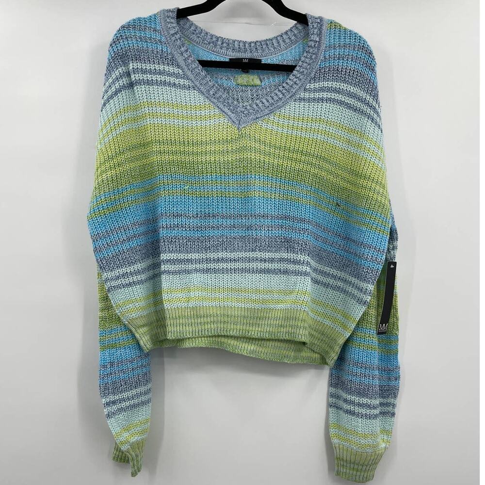 MM by My Michelle Womens VNeck Sweater Striped Long Sleeves Green Blue XL NEW
